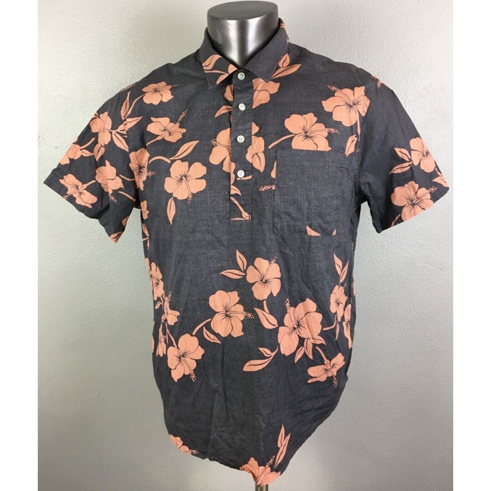 Mens Madewell Shirt Perfect Fit Floral Gray Orange Short Sleeve Cottonm Size M